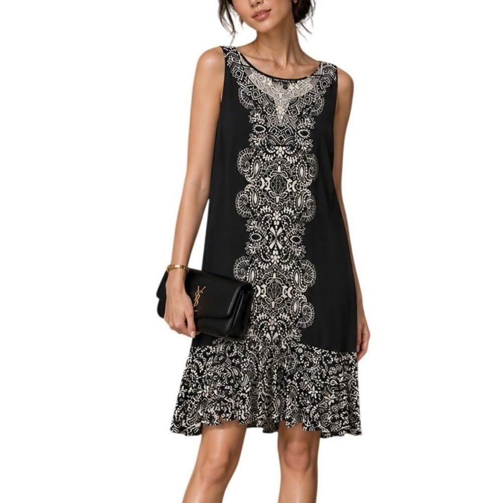 White House Black Market Black White Paisley Beaded V-Neck Shift Dress Large